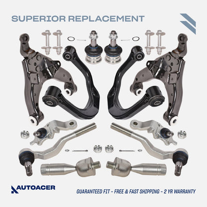 Front Suspension Kit 14 Pcs - Front Upper, Lower Control Arms with Bushings, Ball Joints, Inner Outer Tie Rods & Camber Bolt Toyota Tacoma 4WD 1995-2004, Pre-Runner 2WD 1998-2004