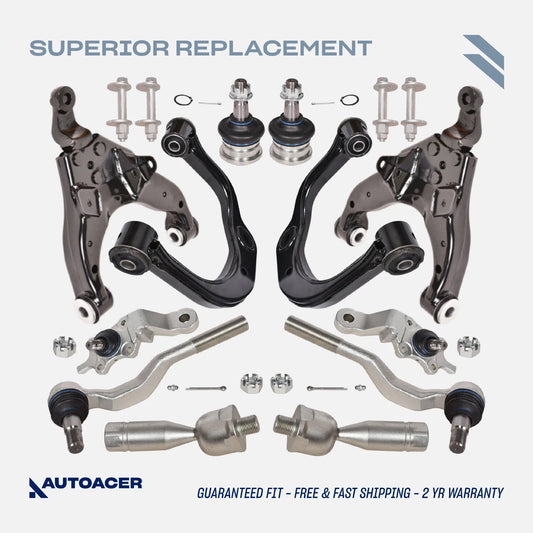 Front Suspension Kit 14 Pcs - Front Upper, Lower Control Arms with Bushings, Ball Joints, Inner Outer Tie Rods & Camber Bolt Toyota Tacoma 4WD 1995-2004, Pre-Runner 2WD 1998-2004
