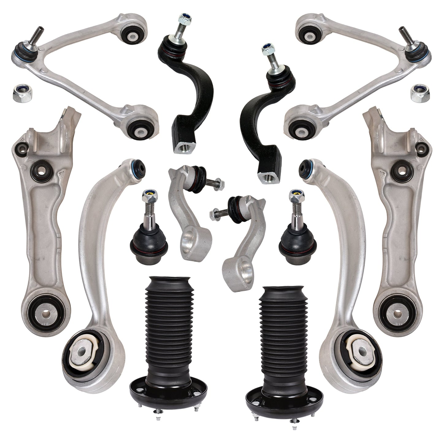 Complete Front Suspension Kit 14 pcs - Upper, Lower Control Arms, Lower Ball Joints, Sway Bar Links, Outer Tie Rod Set & Strut Mount Assembly for XK, XKR, XKR-S, XF, XFR, XFR-S
